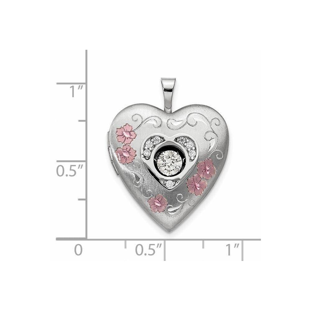 Sterling Silver Satin/Polish Enamel 20mm Cubic Zirconia Heart Locket Pendant