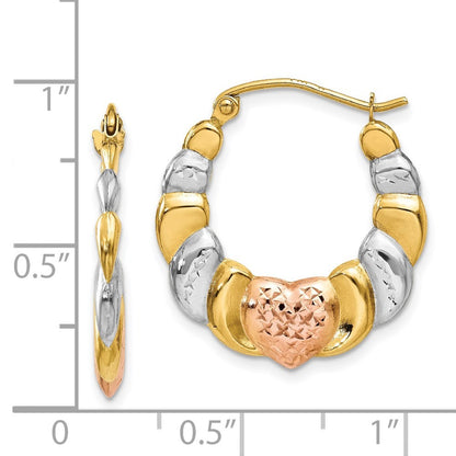 14k Yellow Gold & White and Rose Rhodium Scalloped Heart Hoop Earrings
