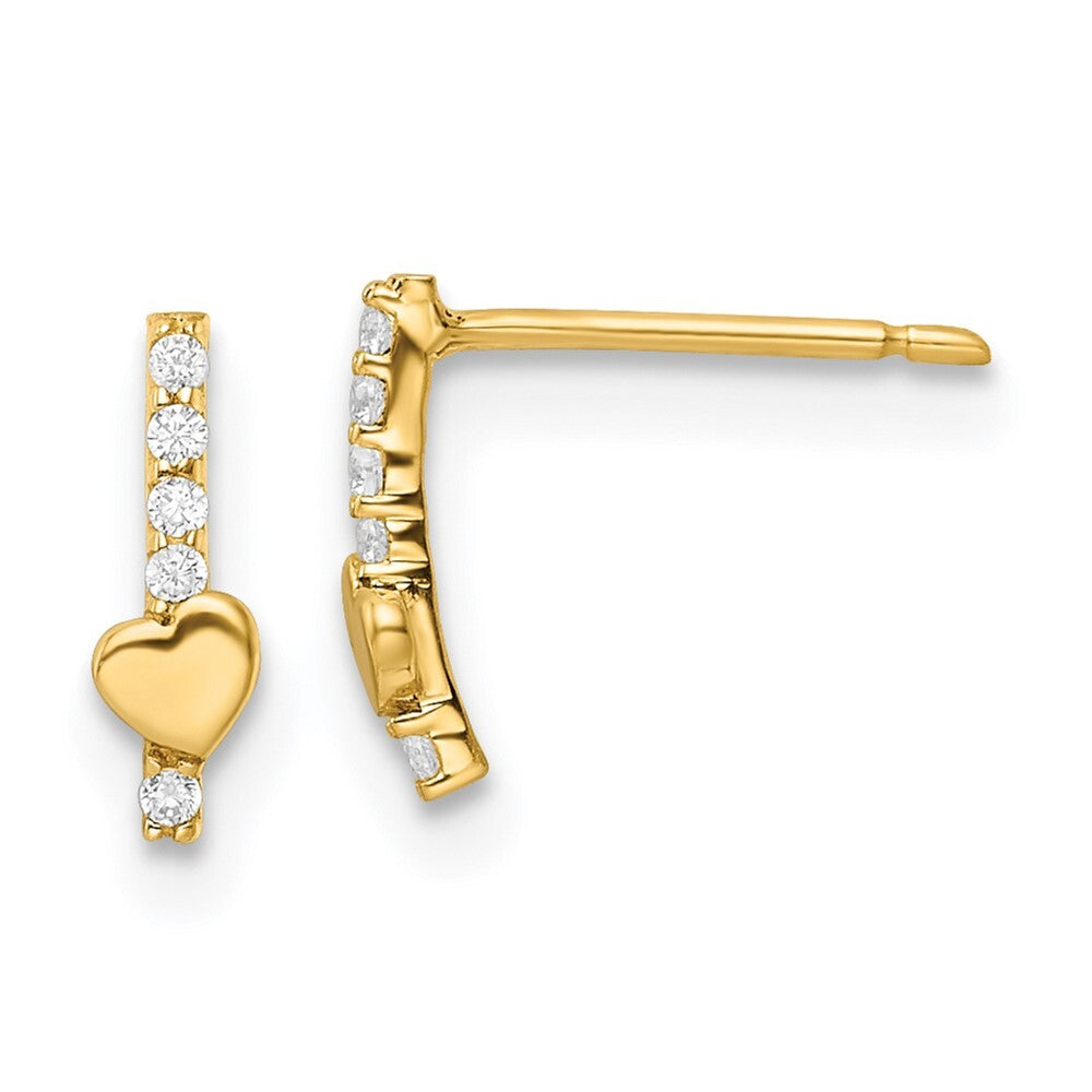 14k Yellow Gold Polished Line of Cubic Zirconia's and Heart Stud Earrings