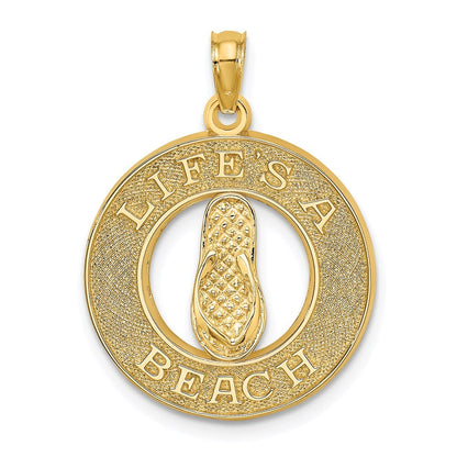 14k Yellow Gold LIFES A BEACH Circle Flip-Flop Charm Pendant for Women