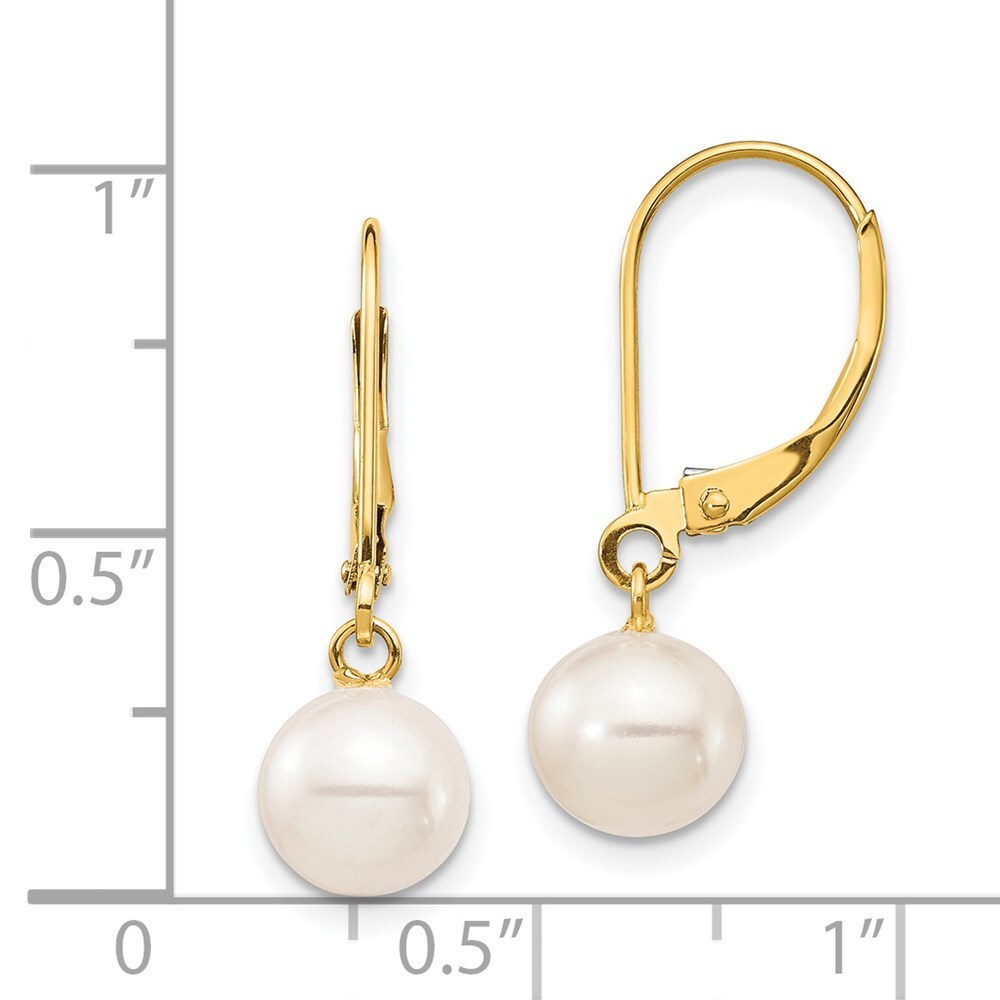 14k Yellow Gold 7-8mm Freshwater Cultured Pearl Dangle Leverback Earrings