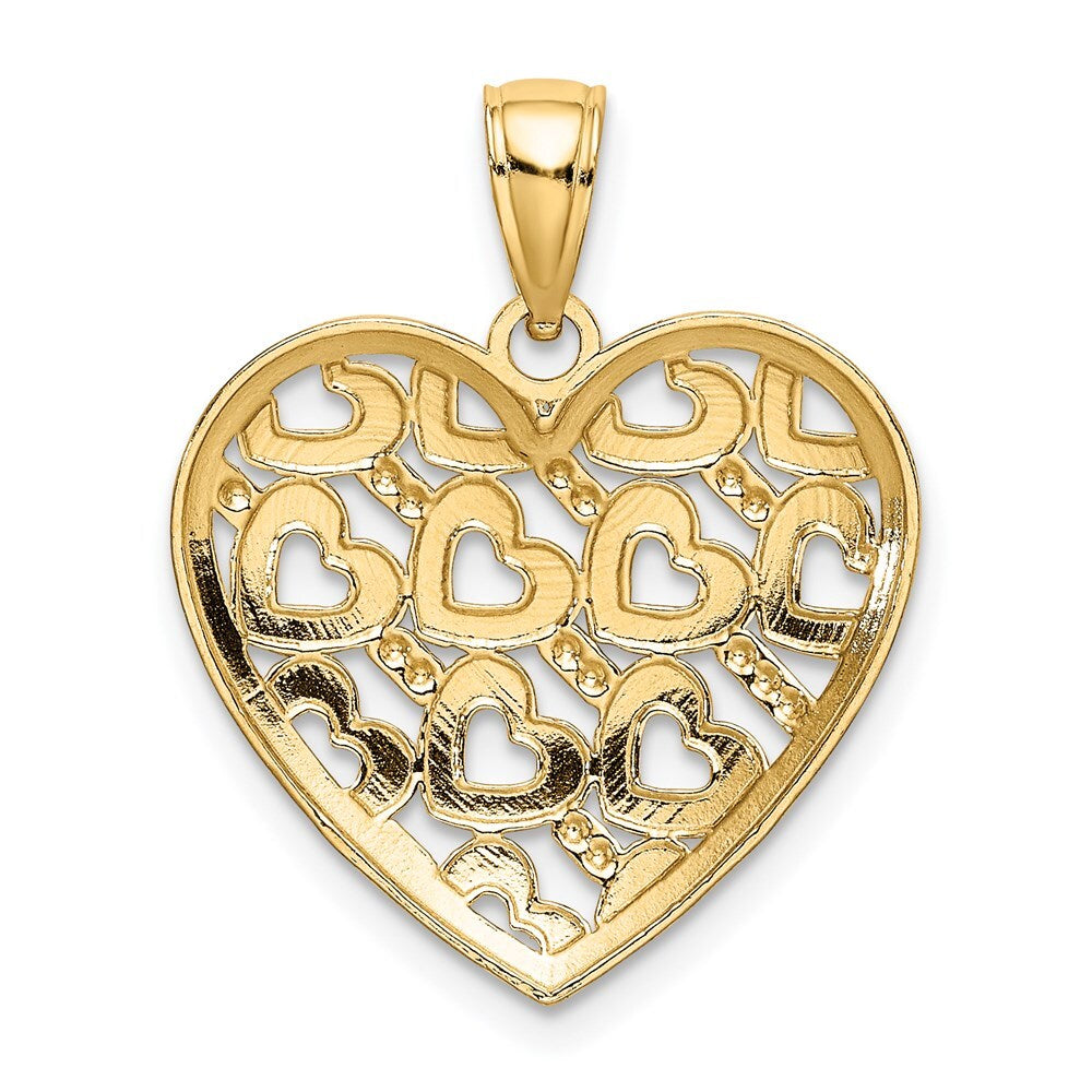 14k Yellow Gold Diamond-cut Heart Pattern On Heart Charm Pendant for Women