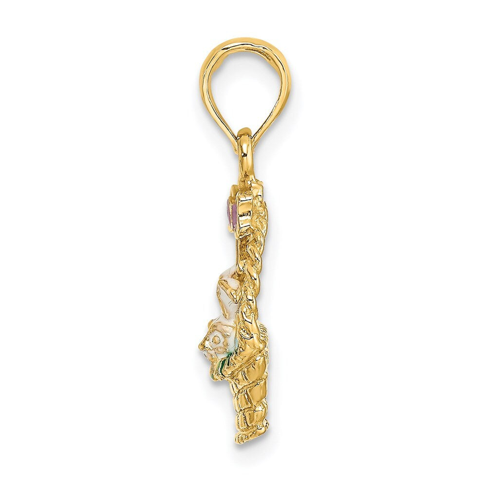 14k Yellow Gold Enameled Easter Basket Bunny, Bow and Eggs Charm Pendant