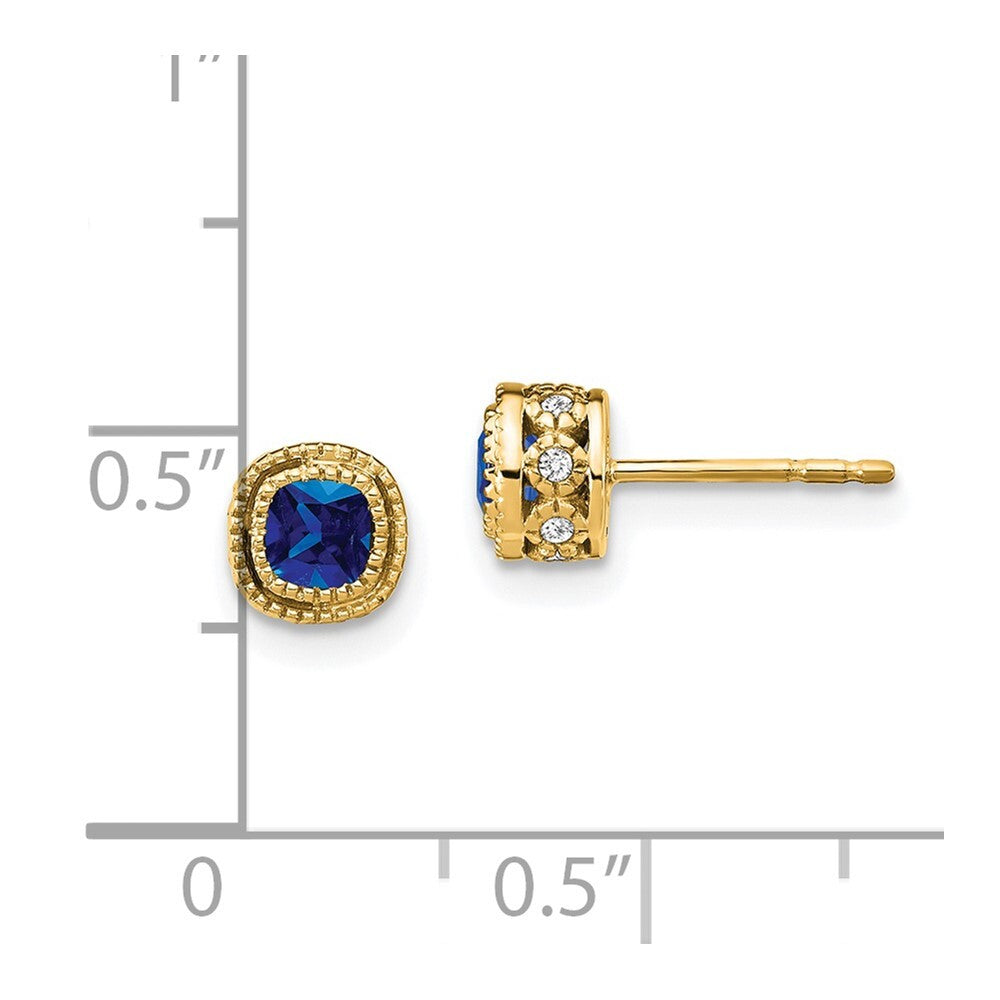 14k Yellow Gold Cushion Sapphire and Diamond Stud Earrings