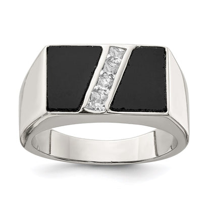Sterling Silver Rhodium-plated Men's Cubic Zirconia and Onyx Ring Size 9