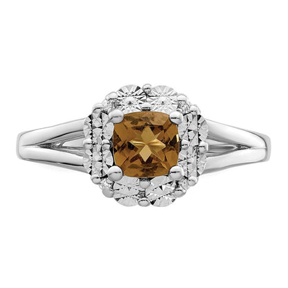 Sterling Silver Rhodium Whiskey Quartz Diamond Ring