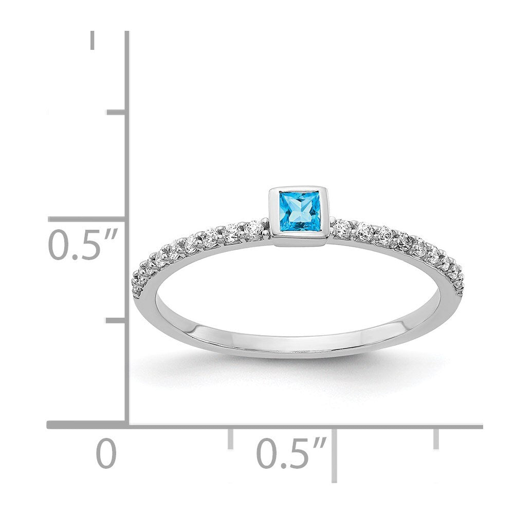 14k White Gold Diamond and Princess Blue Topaz Ring Size 7