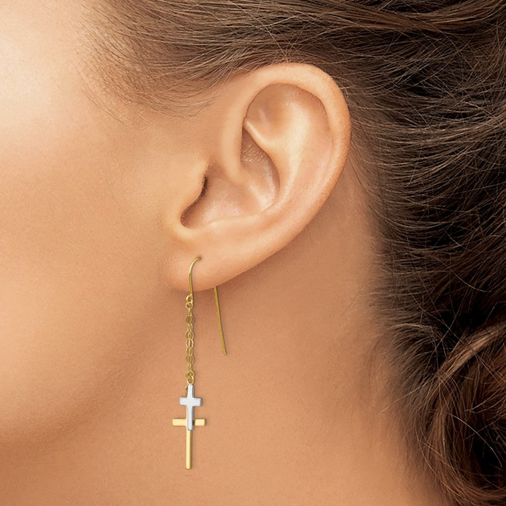 14K Two-tone Chain Dangle Cross Drop Dangle Earrings w/ Shepherd Hook