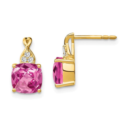 14k Yellow Gold Checkerboard Created Pink Sapphire & Diamond Dangle Earrings