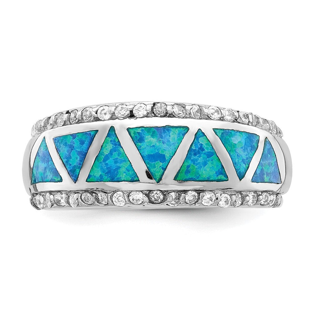 Sterling Silver Triangle Lab Created Blue Opal & Cubic Zirconia Ring SZ 6