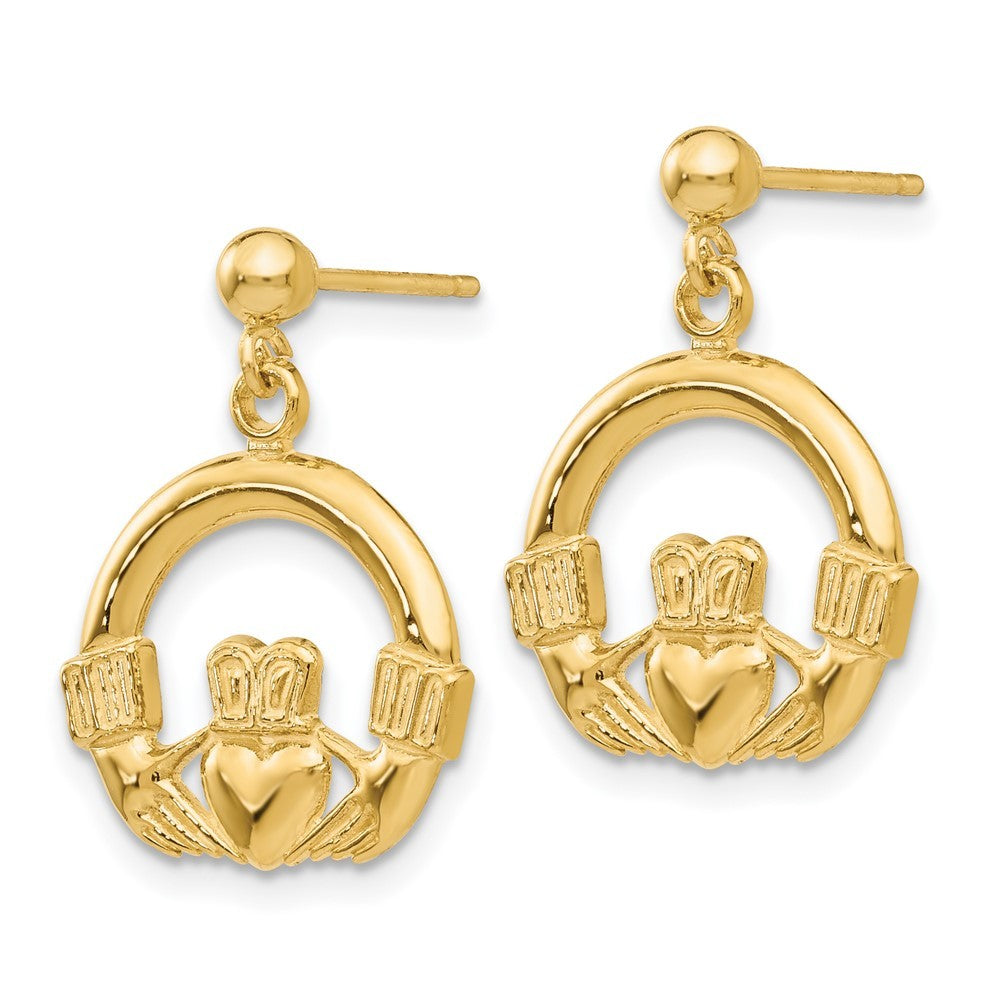 14k Yellow Gold Dangling Claddagh Earrings
