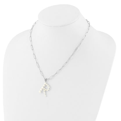 Sterling Silver 3-5.5mm White Button Cultured Pearl LETTER R Necklace 18"