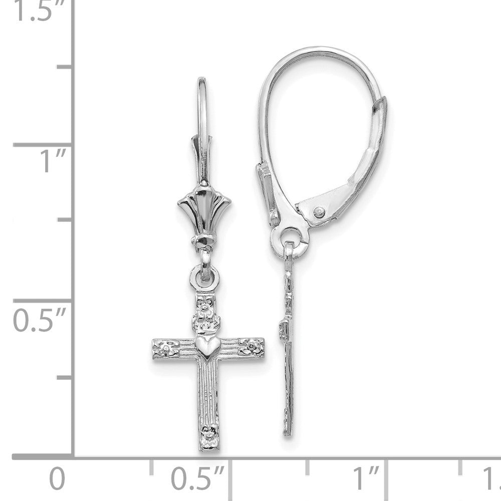 14K White Gold Mini Cross with Heart Drop Dangle Earrings