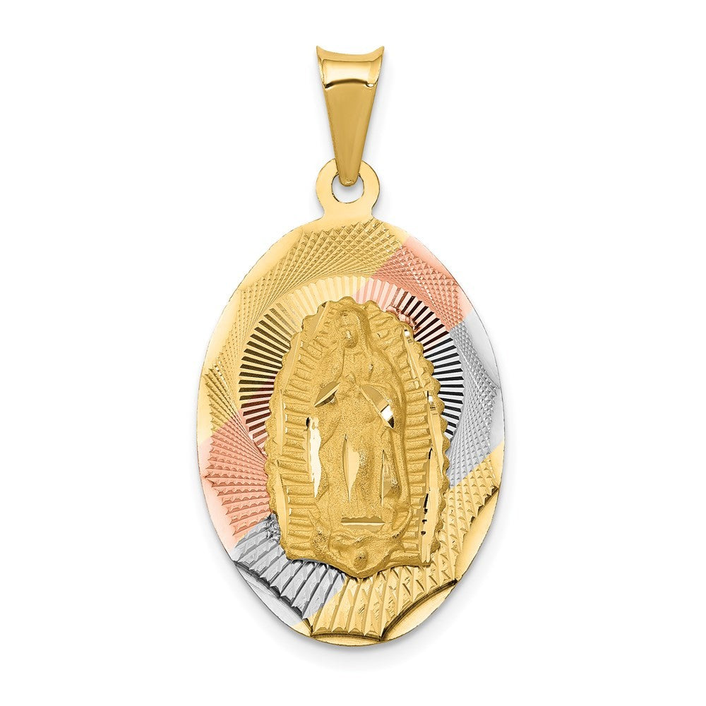 14k Yellow Gold Rhodium Diamond-Cut Lady Of Guadalupe Oval Pendant