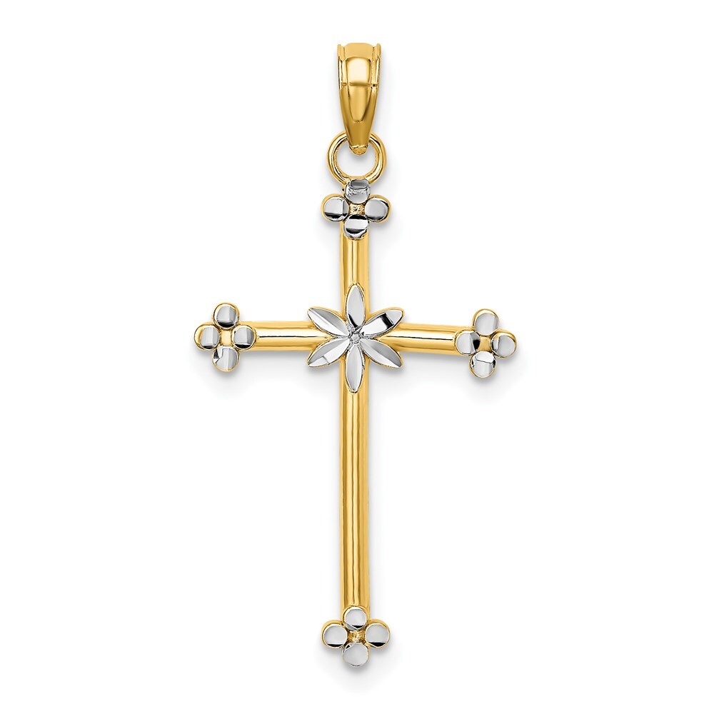 14k Yellow Gold  Rhodium Thin Diamond-Cut Cross Charm Pendant for Women