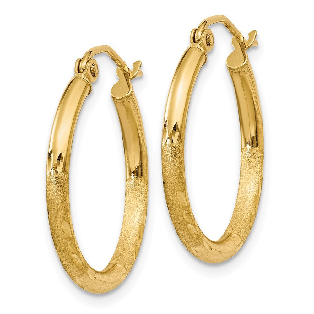 14k Yellow Gold Satin and Diamond-cut 2mm Round Tube Hoop Earrings