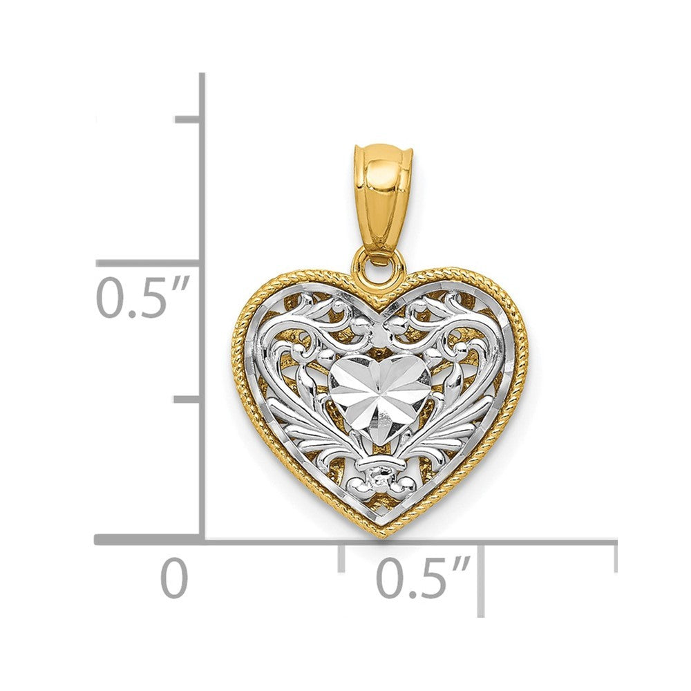 14K Two-tone Gold Polished Diamond-cut Reversible Heart Pendant