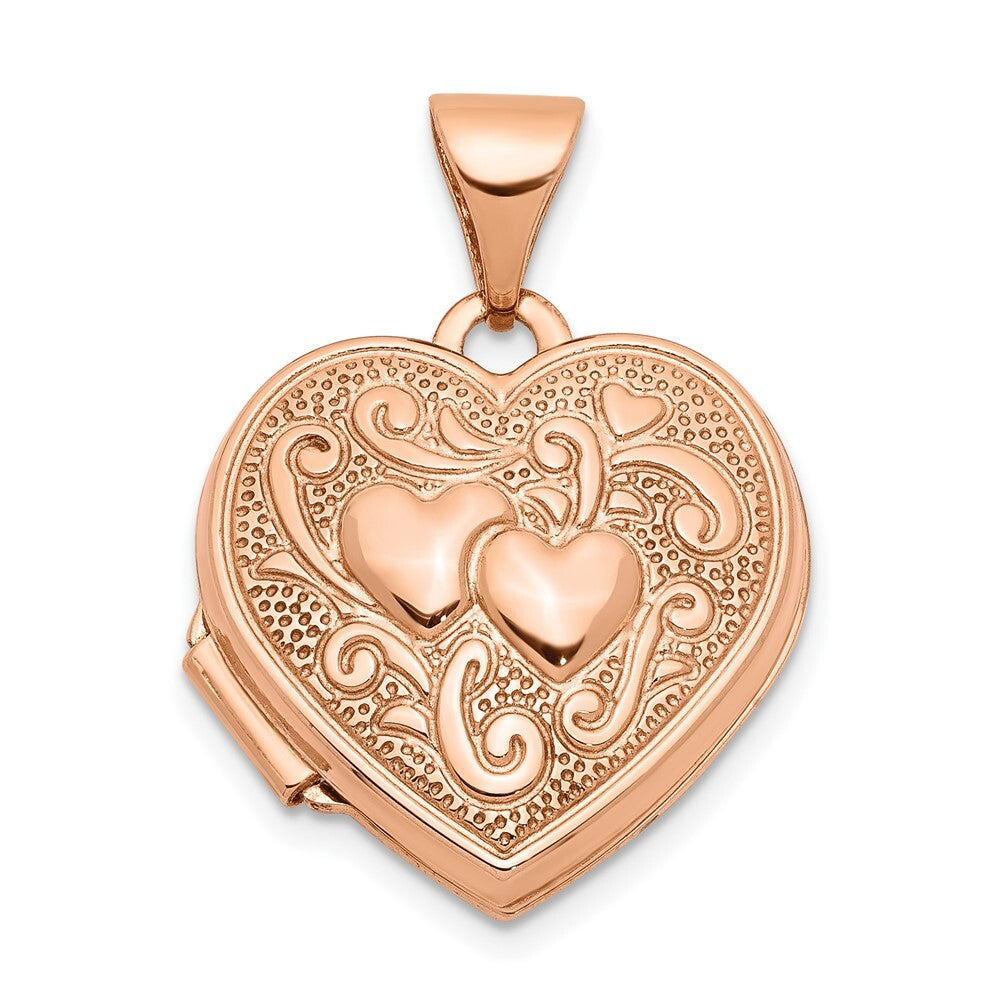 14k Rose Gold Textured Double Heart Scroll Design 15mm Heart Locket Pendant