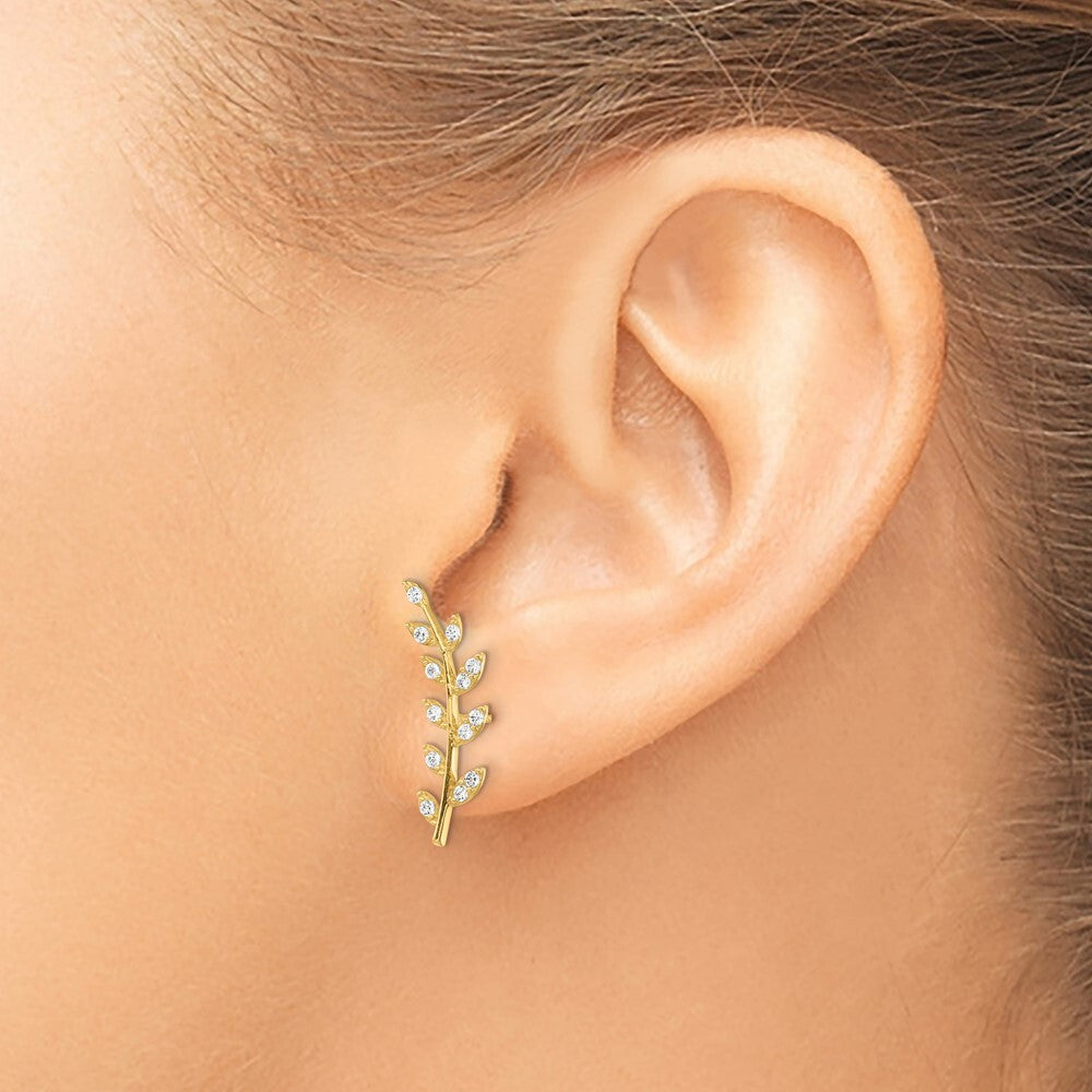 14k Yellow Gold Cubic Zirconia Fern Ear Climber Stud Earrings Gift for Women