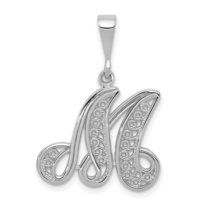 14k White Gold Solid Polished Script Filigree Letter M Initial Pendant for Women