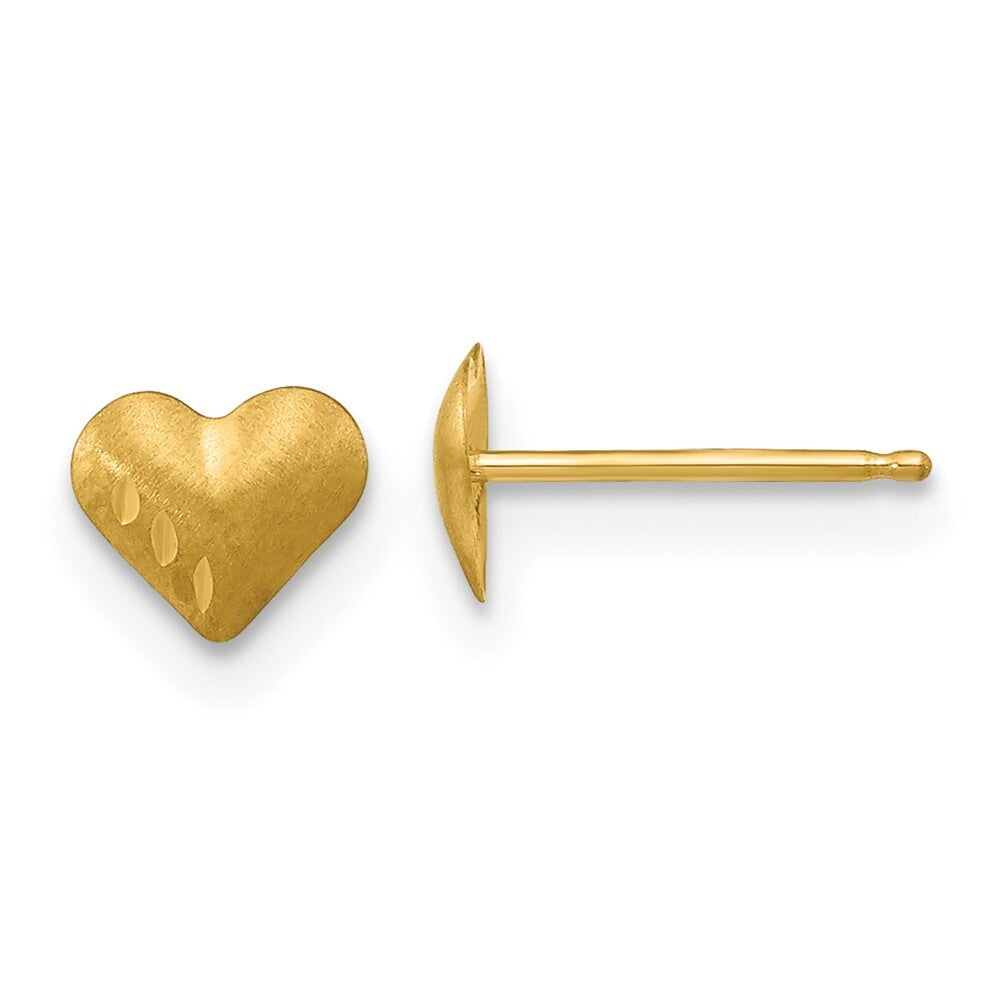 14k Yellow Gold Diamond-Cut & Satin Puffed Heart Stud Earrings Gift for Women