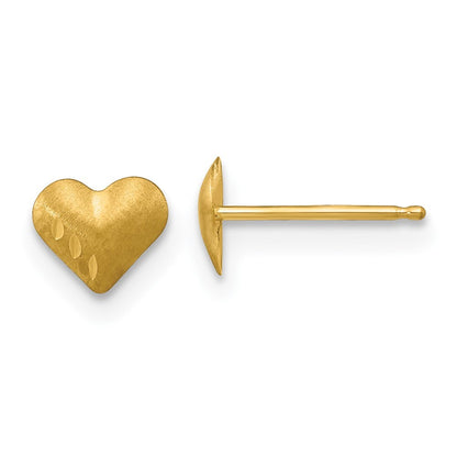 14k Yellow Gold Diamond-Cut & Satin Puffed Heart Stud Earrings Gift for Women
