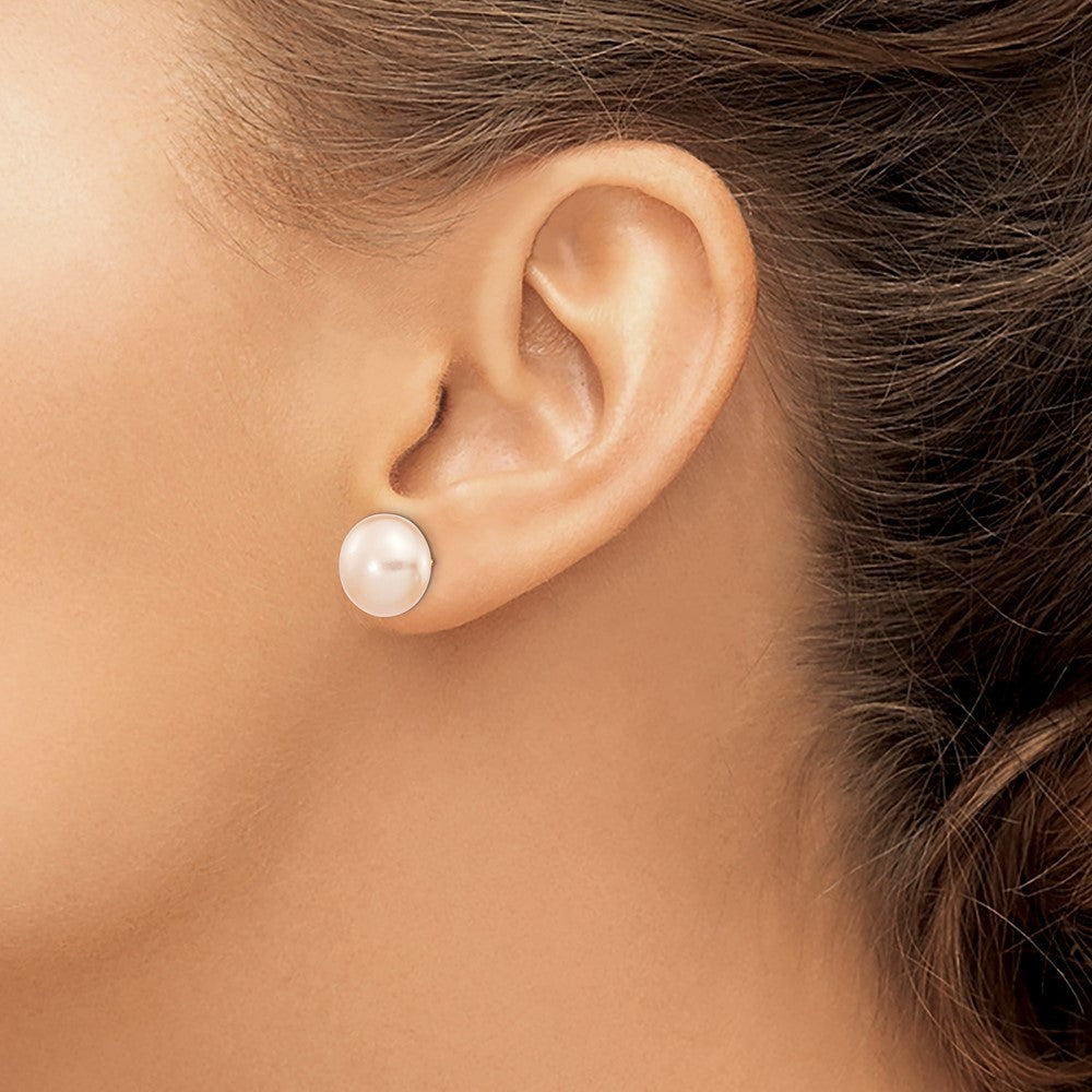14k Yellow Gold 11-12mm Pink Button Freshwater Cultured Pearl Stud Earrings
