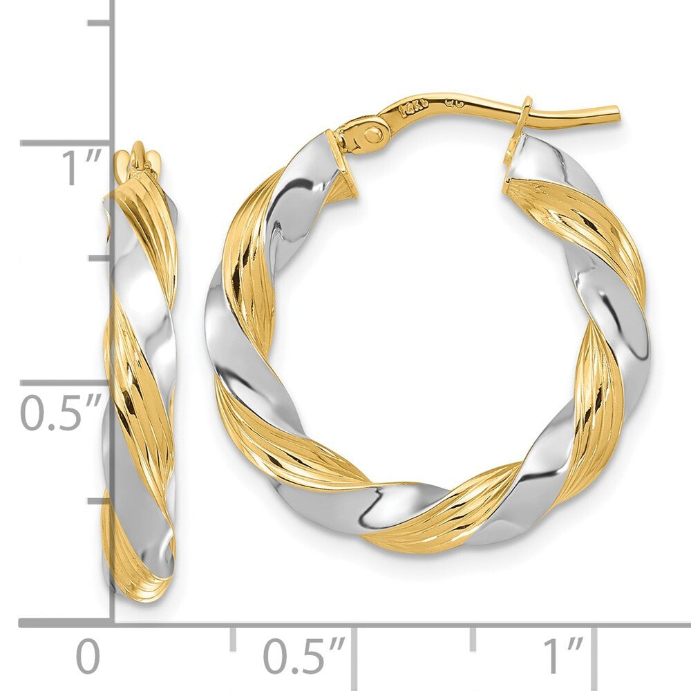 14k Yellow Gold White Rhodium Polished Twisted Hoop Earrings Gift for Women