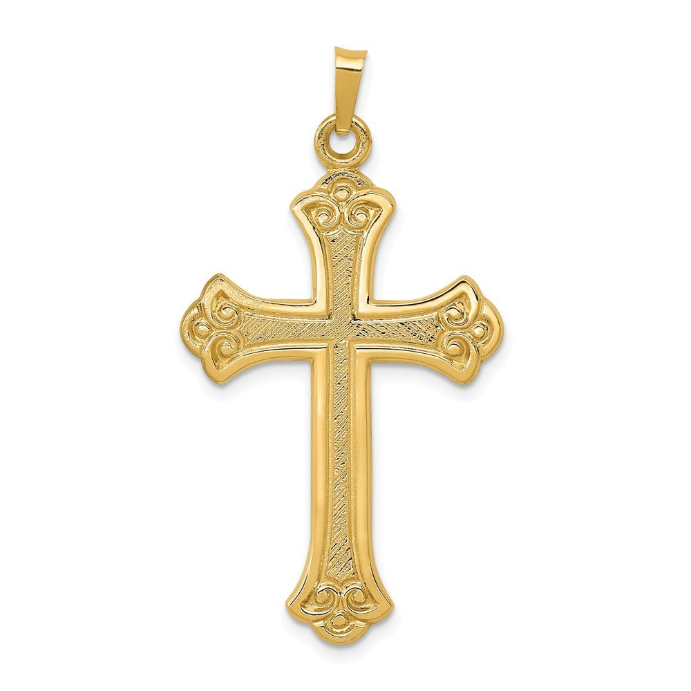 14k Yellow Gold Textured and Polished Fleur de lis Cross Pendant