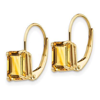 14k Yellow Gold 7x5mm Emerald Cut Citrine Dangle Earrings Leverback