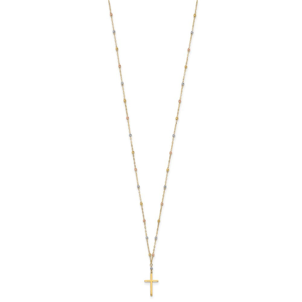 14k Tri-color Diamond-cut Beaded Chain Necklace with  Cross Pendant 17" Necklace