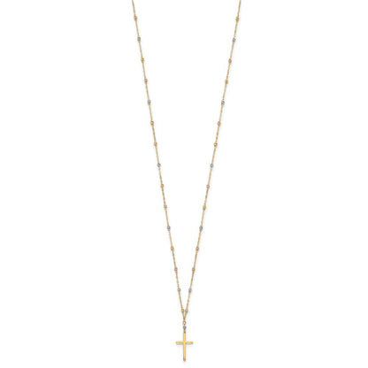 14k Tri-color Diamond-cut Beaded Chain Necklace with  Cross Pendant 17" Necklace