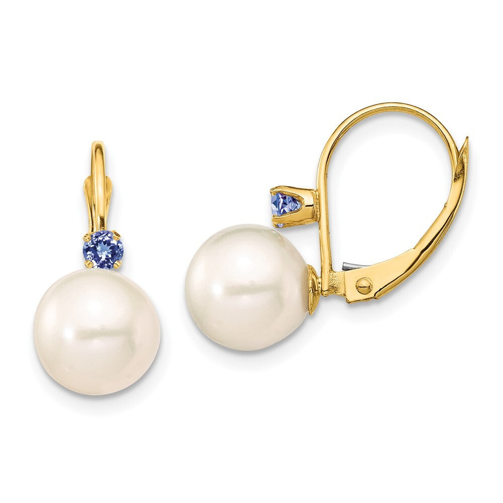 14k Yellow Gold 8-8.5mm Cultured Pearl & Tanzanite Leverback Earrings for Women