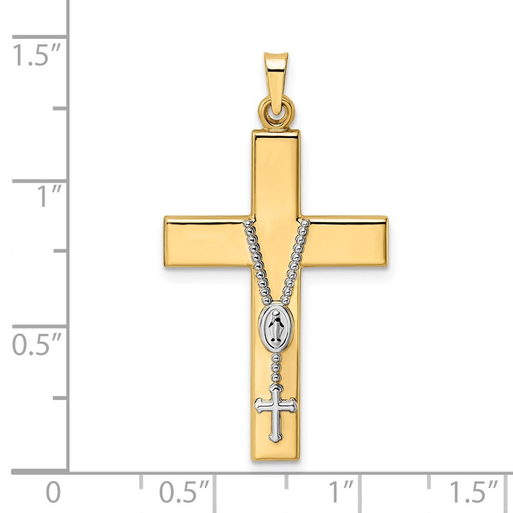 14k Two-tone Gold Polished Hollow Rosary Cross Pendant for Women