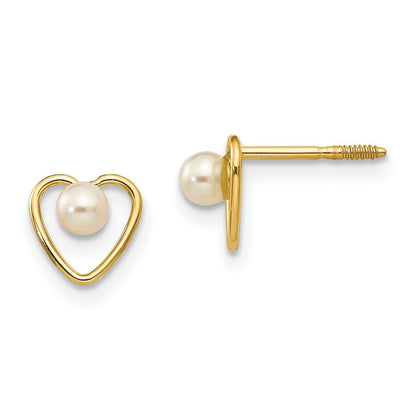 14k Yellow Gold 3mm FW Cultured Pearl Birthstone Heart Stud Earrings