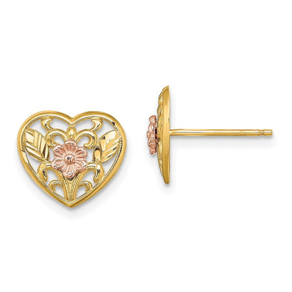 14K Two-tone Gold Polished Floral in Heart Earrings