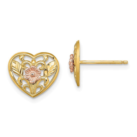 14K Two-tone Gold Polished Floral in Heart Earrings