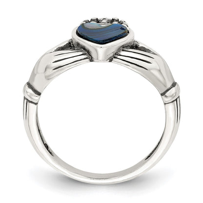 Sterling Silver Antiqued Abalone Inlay and Black Enamel Claddagh Ring Size 6