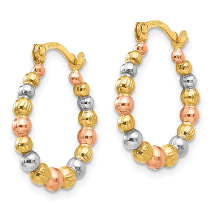 14k Yellow Gold Rose and White Rhodium Beaded Hoop Earrings Gift for Women