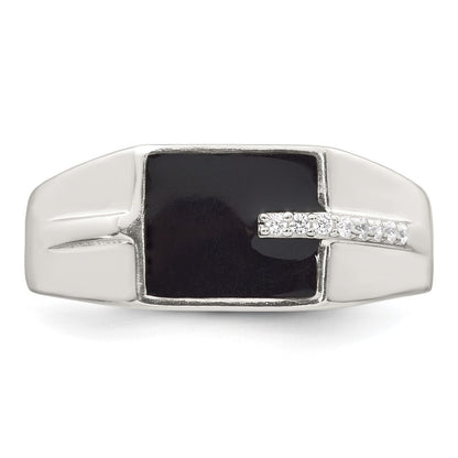 Sterling Silver Polished Black Enamel CZ Men's Signet Ring Size 9