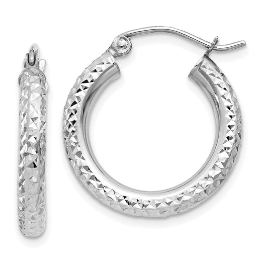 14k White Gold Diamond-cut 3mm Round Hoop Earrings Gift for Women