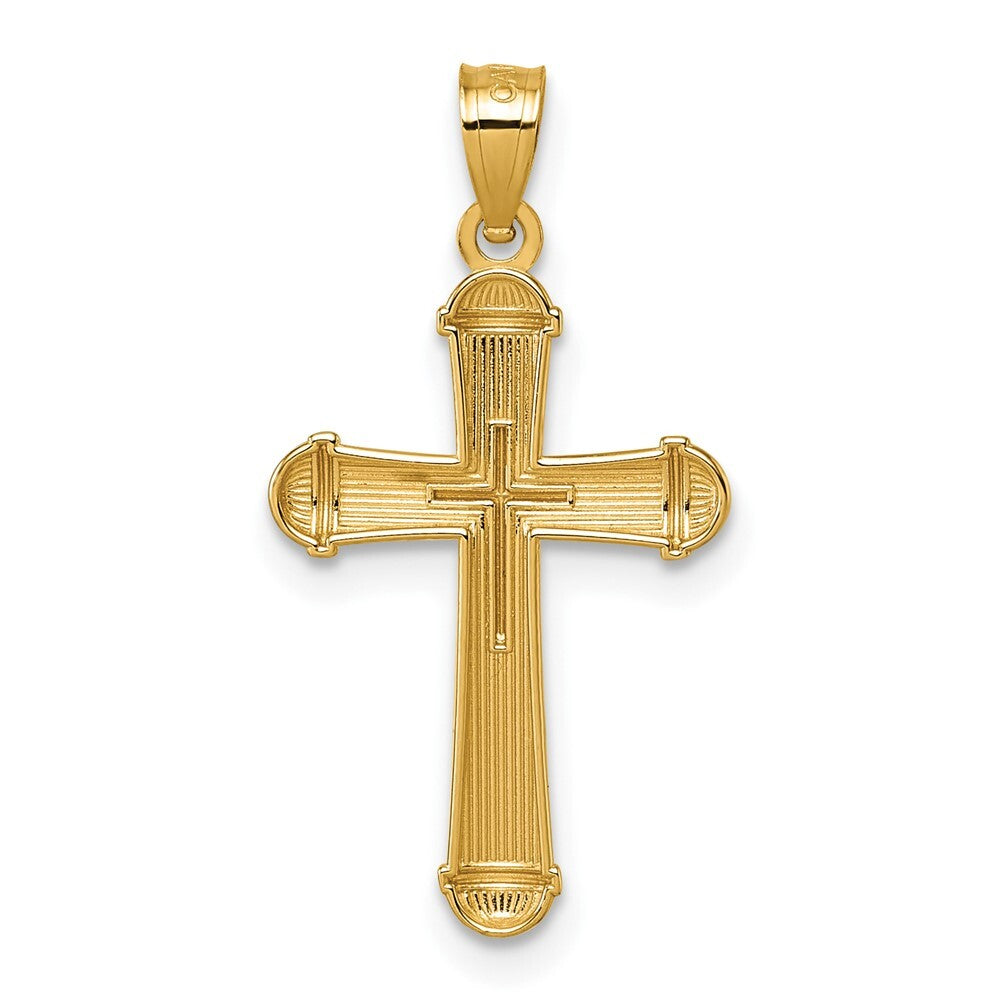 14k Yellow Gold Polished and Diamond-cut Grooved Cross Pendant