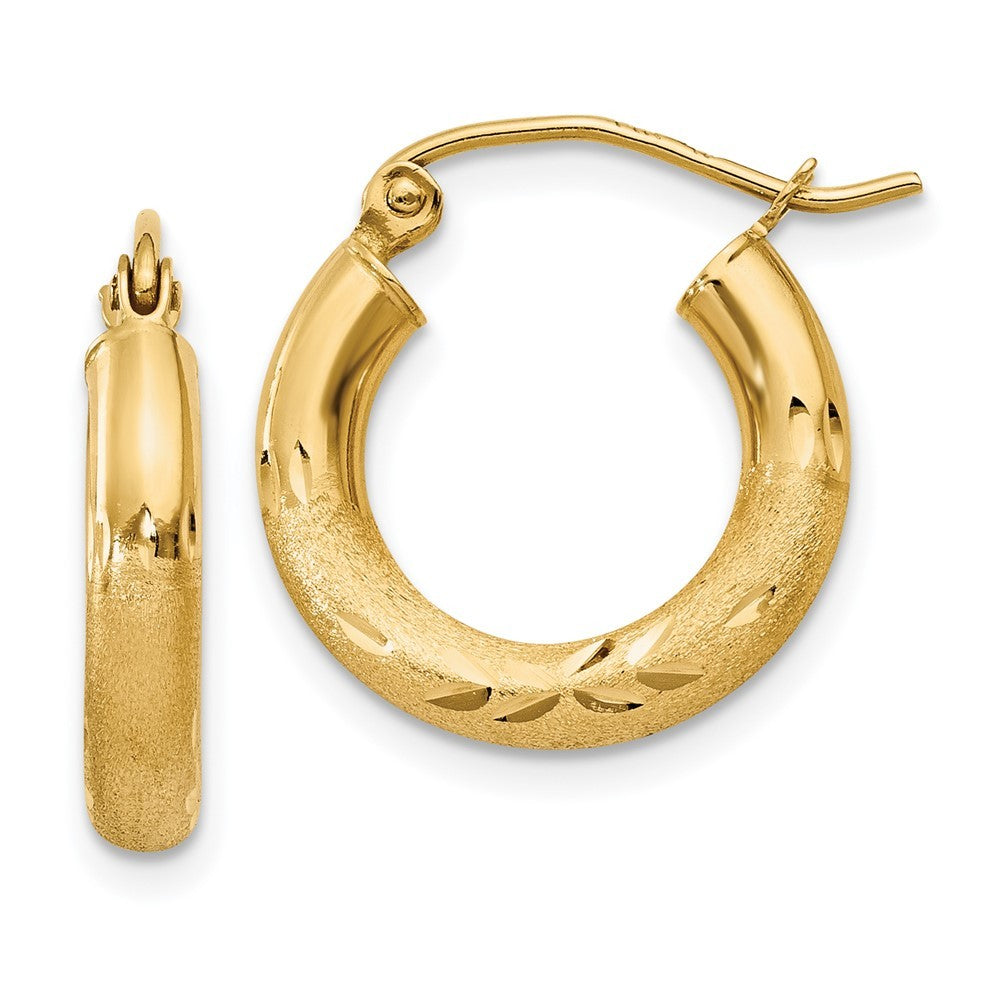 14k Yellow Gold Satin and Diamond-cut 3mm Round Hoop Earrings