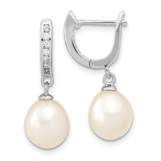 Sterling Silver 8-9mm Rice Freshwater Cultured Pearl and CZ Dangle Hoop Earrings
