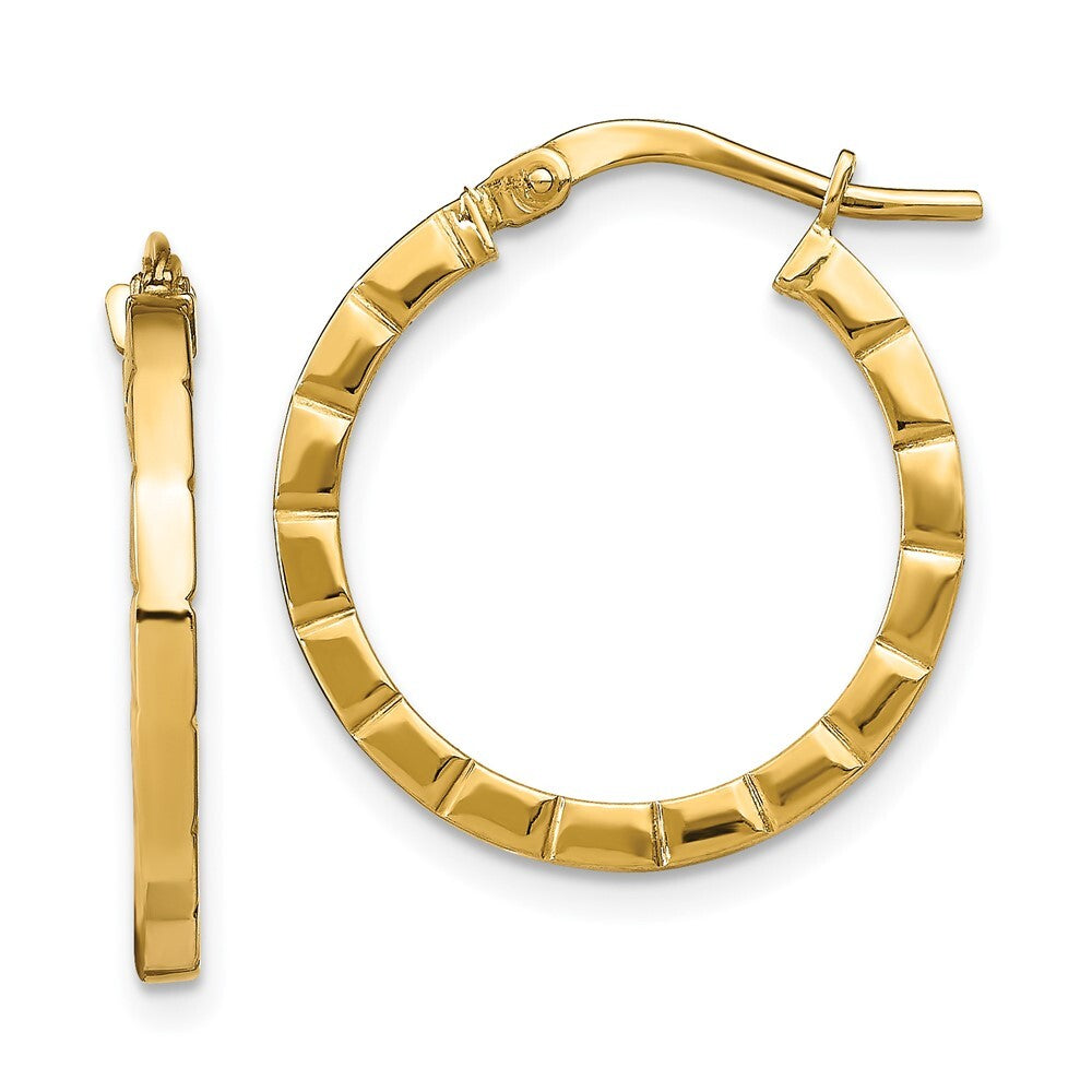 14k Yellow Gold Small Striped Edge Hoop Earrings Gift for Women