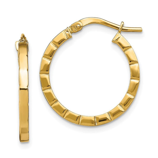 14k Yellow Gold Small Striped Edge Hoop Earrings Gift for Women