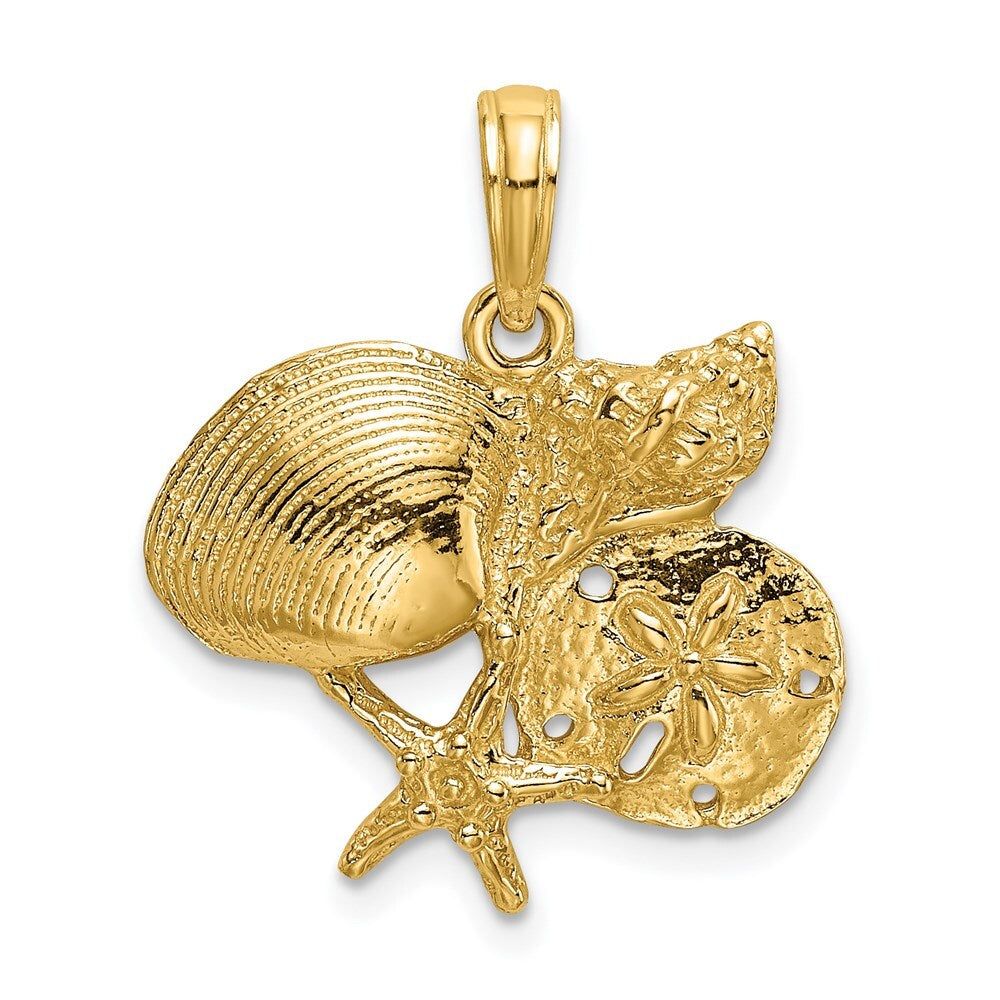 14k Yellow Gold Polished Shell, Starfish and Sand Dollar Cluster Charm Pendant