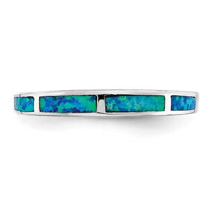 Sterling Silver Rhodium-plated Lab Created Blue Opal Inlay Band Size 8