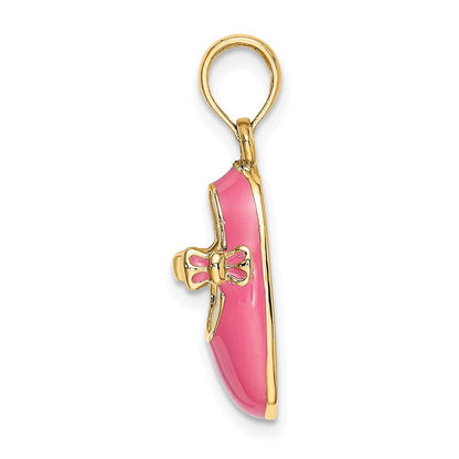 14k Yellow Gold 3-D  Pink Enamel Baby Shoe Charm Pendant for Women
