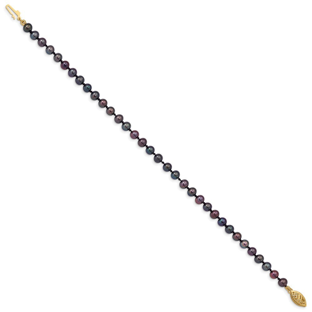 14k Yellow Gold 4-5mm Black Near-Round Freshwater Cultured Pearl 7.5" Bracelet